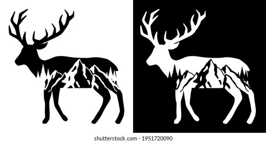 ​Elk and Mountains Trees Tattoo Design. Adventure and travel graphic For t shirt, greeting card or poster design Background Vector Illustration