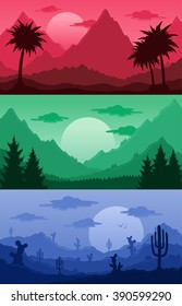 Mountains, tropical and desert landscapes with palms, trees, cactus, desert herbs, mountains, sea, clouds and sky in various times of day vector illustration
