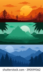 Mountains, tropical and desert landscapes with palms, trees, cactus, desert herbs, mountains, sea, clouds and sky in various times of day vector illustration