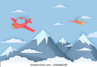 Mountains and two airplane in paper cut style. Landscape with clouds of three snow capped mountains and a flying red plain. Vector origami polygonal illustration.