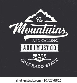 Mountains typography. Colorado state,  textured vintage vector t-shirt and apparel design, print, logo, poster. Vector