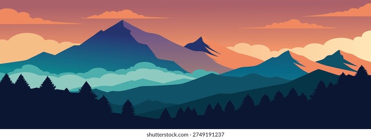 mountains under a cloudy sky with lush trees prominently