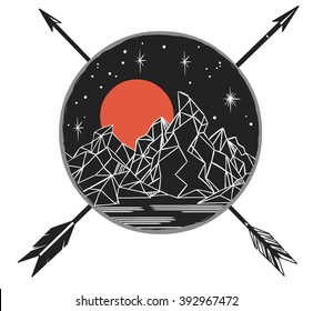 Mountains under starry sky, crossing arrows. Vector template in boho style. Emblem, tattoo sketch, decorative element, illustration