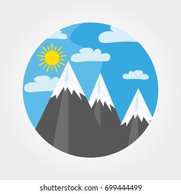 Mountains under the sun. Day. Icon for web and mobile application. Logotype. Badge. Vector illustration on a white background. Flat design style.