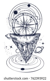Mountains and universe tattoo and t-shirt design. Tattoo for travelers, climbers, hikers t-shirt design. Mountain antique compass and wind rose. Adventure, travel, outdoors, symbol 