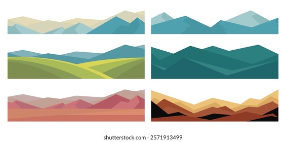 Mountains valley with hills collection. Nature and camping landscape, hiking vector illustration