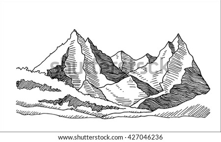 Stock vektory na téma Mountains Valley Landscape Hand Drawn Sketch (bez
