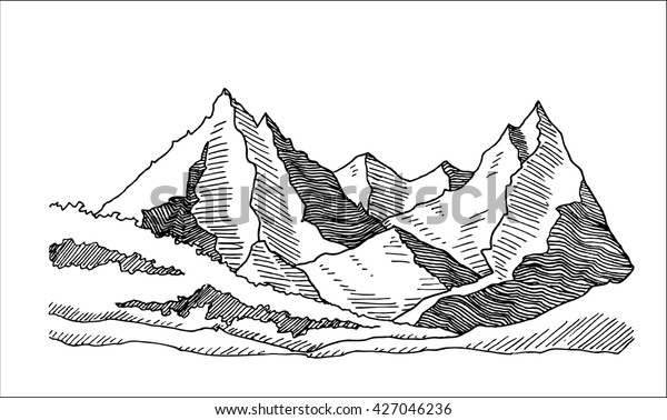 Stock vektor „Mountains Valley Landscape Hand Drawn Sketch“ (bez