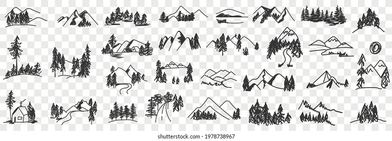 Mountains valley landscapes doodle set. Collection of hand drawn various sceneries and views of natural forest and mountains landscapes in rows isolated on transparent background 