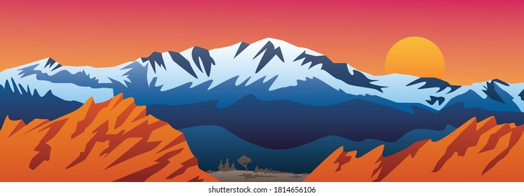Mountains Valley and Red Rocks Scenic Landscape Vector Illustration