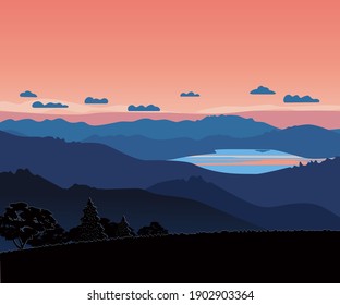 Mountains Valley Red Sky Sunrise vector Landscape. Abstract mounts silhouette range on calm morning background. Blue high mountain terrain, lake hand drawn panorama. Layered scenic view illustration