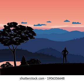 Mountains Valley Red Sky Sunrise vector Landscape. Beautiful mounts range on calm morning background. Local hiking travel to mountain lake hand drawn illustration. Healhty lifestyle outdoor activity