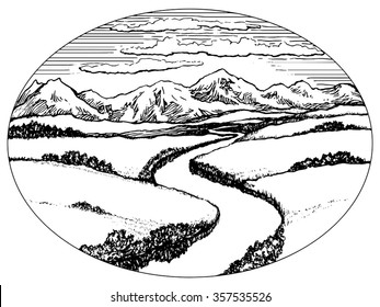 Mountains and valley with river landscape, ink drawing vector illustration