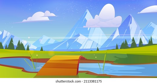Mountains valley with river, wooden bridge, coniferous trees and rocks on horizon. Vector cartoon illustration of summer landscape with green meadows, brook and mountain range