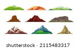 Mountains, valley, sand dunes, hills, volcano, canyon, mountains, cliff mountain peak and hill top. Nature and camping landscape, hiking vector illustration. Outdoor travel, climbing camping travel.