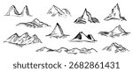 Mountains in various hand drawn sketch style. Set of doodle minimalist vector illustration from ink, crayon or ballpoint. Monochrome cartoon design for branding cover banner, poster, menu, card.