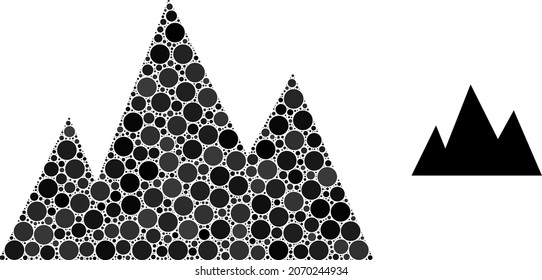 Mountains vector collage of circle dots in various sizes and color hues. Dots are combined into mountains vector collage. Abstract vector illustration.