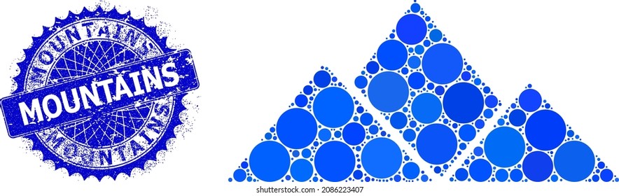 Mountains vector collage of circle dots in variable sizes and blue color tinges, and textured Mountains stamp seal. Blue round sharp rosette badge has Mountains tag inside.