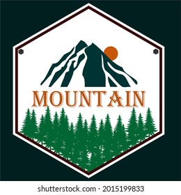 Montañas emblema vectorial, pegatina, etiqueta, insignia o logotipo en estilo de arte sencillo.