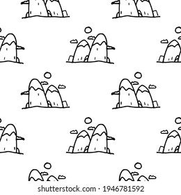 Icono del vector de las montañas. Ilustración dibujada a mano. Patrón sin foco.