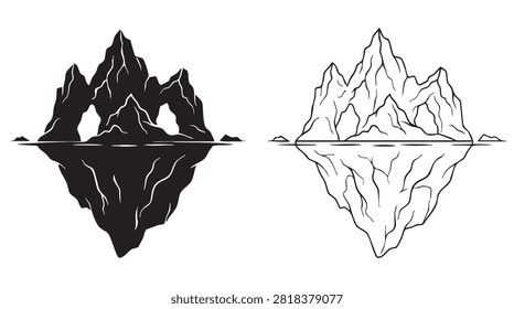 mountains vector icon with mirrored reflection silhouette