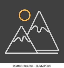 Mountains vector icon on dark background. Nature sign. Graph symbol for travel and tourism web site and apps design, logo, app, UI