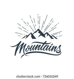 Mountains vector illustration with lettering elements. Typographic emblem.