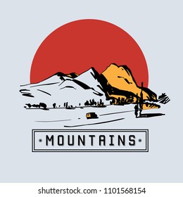 Mountains vector illustration with red sun. Vector illustration isolated on background.