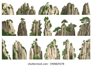 山のベクターイラスト 岩 丘 石 白い背景にリアルな風景のアジアのエレメントの大きなセット 漫画のスタイル のベクター画像素材 ロイヤリティフリー Shutterstock