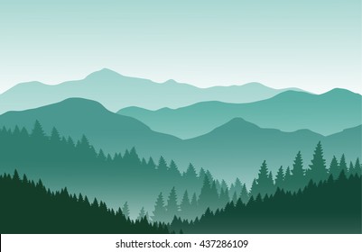 Gebirge, Vektorlandschaft. Naturhintergrund in grünen Farben.
Bergsteigerkonzept und Reisekonzept.  Vektorgrafik.