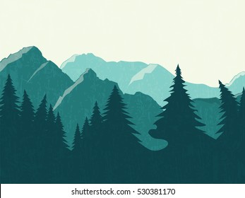 Mountains vector landscape. Panoramic view of the forest and mountains. Flat design