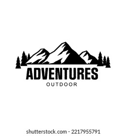Mountains vector logo. Black and white outdoor vintage design. Hiking badge isolated on white background
