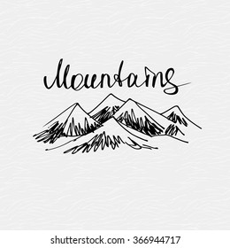 Mountains vector logo. Lettering and sketch mountains. Vintage hand drawn emblem. Element design for ski resort.