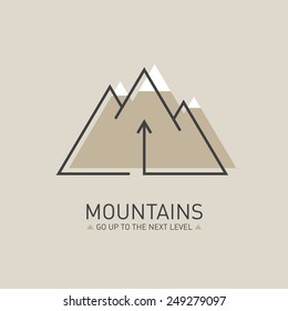 Mountains, Vector logo in line style. Mono line logotype template with up arrow and snow-capped mountains in the background