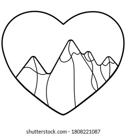 Logo vectorial de las montañas. Línea de tatuaje en icono de corazón. Amo la naturaleza.