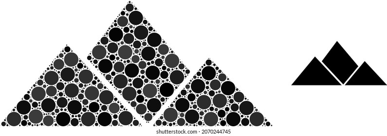 Mountains vector mosaic of circle dots in different sizes and color tones. Circle elements are united into mountains vector illustration. Abstract vector illustration.
