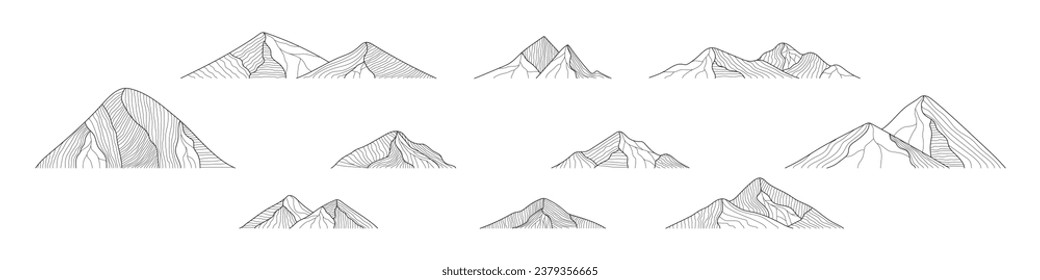 Mountains vector. Mountain in line arts. Mountains collection for packaging design, fabric, and print. Mountain logo. Mountain