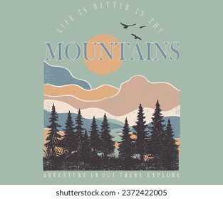 Mountains vector print design. Take me to the mountain. Explore more artwork for t-shirt, stickers, posters, wall art, background and others. 