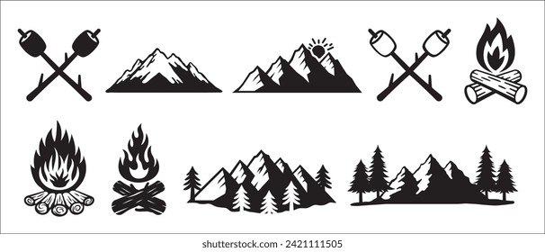 Juego de vectores de montañas. Ilustración de fogata. Iconos de malvavisco. Ilustración de material vectorial. Ideal para la marca al aire libre.