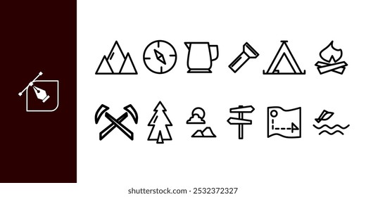 Conjunto de ícones de estrutura de tópicos relacionados a caminhadas ou montanhas. Coleção de ícones linear. Traçado editável. Ilustração vetorial