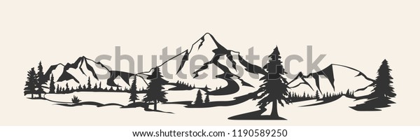 Mountains vector.Mountain range\
silhouette isolated vector illustration. Mountains\
silhouette.