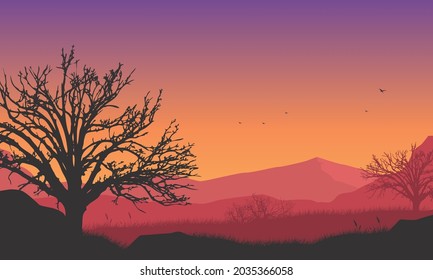 Mountains view with aesthetic dry tree silhouettes from the outskirts of the city at dusk. Vector illustration of a city