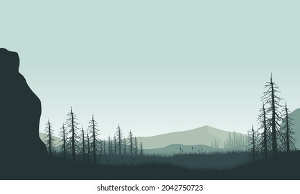 Mountains view with aesthetic dry tree silhouettes from the edge of the city at night. Vector illustration of a city