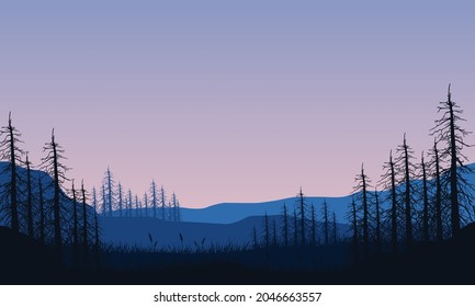 Mountains view with aesthetic dry tree silhouette in the morning from the outskirts of the city. Vector illustration of a city