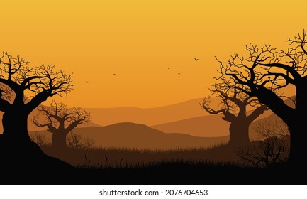 Mountains view with aesthetic dry tree silhouette at dusk in the afternoon. Vector illustration of a city