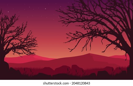 Mountains view with an aesthetic silhouette of dry trees at dusk from the countryside. Vector illustration of a city