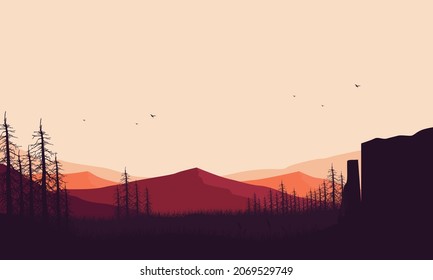 Mountains view with an aesthetic silhouette of pine trees at dusk from the countryside. Vector illustration of a city