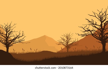 A mountains view with an aesthetically pleasing silhouette of dry trees at nightfall from the out of town. Vector illustration of a city