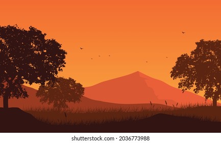 The mountains view with the aesthetically pleasing silhouette of large trees from the village at dusk. Vector illustration of a city