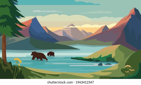 Mountains view, banner in flat cartoon design. Rock peaks, mountains lake, bears swimming in water, forest on slopes lakeside. Wildlife panoramic landscape. Vector illustration of web background